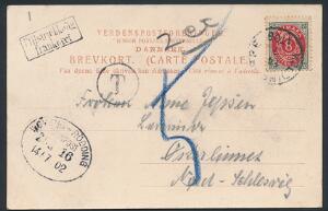 1895. 8 øre, grårød, tk.12 omv. rm. Single på brevkort fra Kolding til Østerlinnet, Nord-Slesvig. Sat i porto og stemplet UTILSTRÆKKELIG FRANKERET