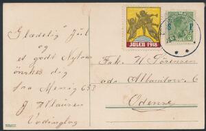 1918 på brevkort med 5 øre SOLDATERFRIMÆRKE, grøn. Sendt fra Vordingborg 23.12.1918. Sjældent