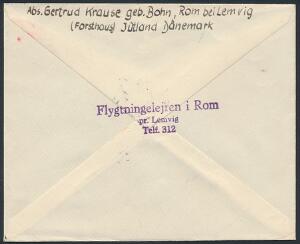 1946. Brev fra Lemvig til Røde Kors i Schweiz. På bagsiden violet liniestempel FLYGTNINGELEJREN I ROM PR. LEMVIG. Sjældent