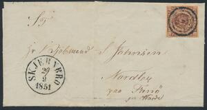 1851. 4 RBS Ferslew. Plade II, nr. 29. Lille brev fra SKJERNBRO 29.9.1851 til NORDBY PAA FANÖ per VARDE. Centralt skydeskive-stempel