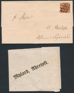 1854. 4 sk. Brun. Blækannulleret brev adresseret til Hr. Mylord til Ahretofte med påtegningen Afleveres i Søgaard Kro