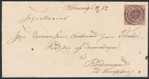 1852. 4 RBS Thiele I. PRAGT-brev med HÅNDSKREVEN BYNAVN Herning 196-52, til Ringkjøbing. Sjældent brev i fremragende kvalitet. Attest Nielsen