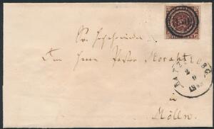 1853. 4 RBS Thiele II, mørk rødbrun. Sjældent brev med helt retvendt nr.stempel 150 og sidestempel RATZEBURG 29-1853. AFA 1200 for løst mærke. Attest Nielse
