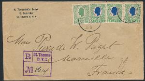 1905. Chr. IX, 5 bit, grøn  3 stk 20 bit, grønblå. Rec-brev sendt til Frankrig, annulleret ST. THOMAS 12.8.07