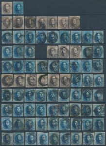 Belgien. 1849-1854. Leopold. 10 c, brun og 20 c. blå. A4-Planche med diverse udgaver i antal.