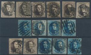 Belgien. 1849-1854. Leopold. 10 c, brun og 20 c. blå. Planche med diverse bedre stempler.