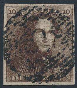 Belgien. 1849. Leopold. 10 c. RØDBRUN. Pænt mærke. Michel EURO 500