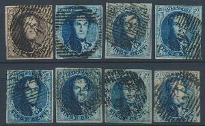 Belgien. 1851. Leopold. 10 c, brun og 20 c. blå. 8 mærker alle med RAMME-RETOUCH.