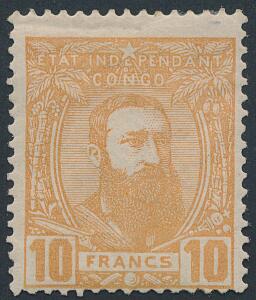 Belgisk Congo. 1887. Leopold. 10 Fr. brunorange. Ubrugt. Michel EURO 600