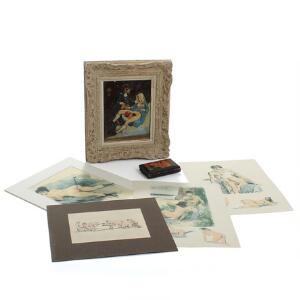 Relief med erotisk scene, mappe med fire erotiske tegninger samt foldebog med erotiske scener og skrifttegn. 20. årh. Variable størrelser. 6