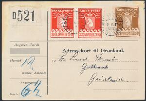 1930. 3 kr. brun og par 20 øre, rød. Adressekort til Godthaab, annulleret med stålstempler GRØNLANDS STYRELSE 6.X.37. Sjælden forsendelse. Attest Nielsen.