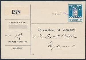 1905. 10 øre, blå. Single på adressekort til Egesminde, annulleret med violet liniestempel STYRELSEN AF KOLONIERNE I GRØNLAND.