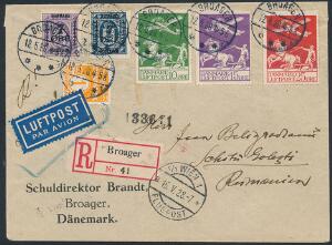 1925. Gl. Luftpost, 10 -25 øre på dekorativt R-brev fra BROAGER 12.5.28 til Rumænien. Usædvanlig destination