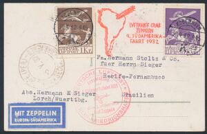1925-1929. Gl. Luftpost, 15 øre, violet og 1 kr. brun på brevkort fra København 30.4.32 til Brasilien. Attest Svendsen