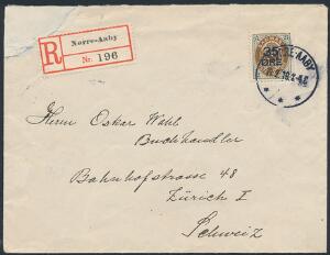 1912. 3516 øre. Single på korrekt frankeret R-brev fra Nørre-Aaby 24.2.16 til Schweiz. Kuverten letter rep. i NV-hjørne