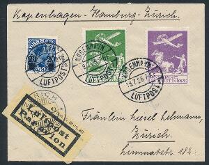 1925. Gl. Luftpost, 10 øre, grøn og 15 øre, violet samt 2040 øre Prov. på smukt lille brev til Zürich