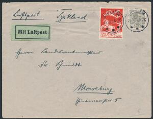 1925. Gl. Luftpost, 25 øre, rød og Chr.X, 50 øre, grå. Usædvanlig smukt luftpostbrev fra GUDHJEM 23.7.25 til Tyskland
