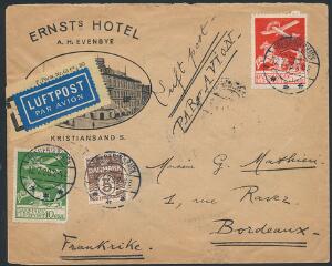 1925. Gl. Luftpost, 10 øre, grøn og 25 øre, rød samt Bølgel. 5 øre, brun på brev fra Frederikshavn til Frankrig. 10 øre med rundt hjørne