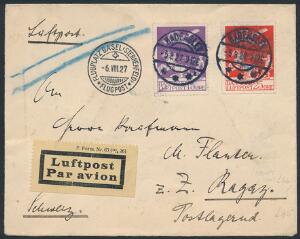 1925. Gl. Luftpost, 15 øre, violet og 25 øre, rød på luftpostbrev fra Haderslev 5.8.27 til Schweiz