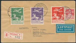 1925. Gl. Luftpost, 10-25 øre. Komplet sæt på lille brev frankeret med i alt 52 øre fra København 15.2.38 til Berlin