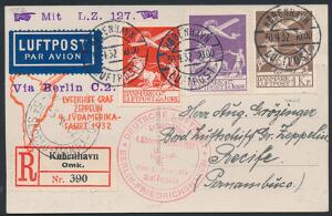 1925-1929. Gl. Luftpost, 15 øre, violet, 25 øre, rød og 1 kr. brun. R-brevkort fra København til Pernambuco. Meget smuk forsendelse
