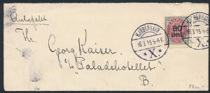 1915. 8012 øre, grårød. Single på lille brev fra København 18.8.1915