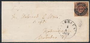 1853. 4 RBS Thiele II, mørk rødbrun. Plade II, nr.5 KRANHOLDS RETOUCH. Bredrandet eksemplar, på fint lille brev fra AARHUS 4.6.1854, sendt til København. Sjæld