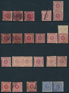 1856-1873. Kvadrater. Planche med bl.a. 5 stk. stemplede nr. 1B1C, 2 stk. 4 cents, linietakket begge med småfejl. Ialt 23 mærker