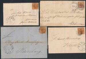 1858. 4 sk. brun. 4 pæne breve, bl.a. fint lille brev fra FANØ 10.12.1862 med blåt sidestempel.