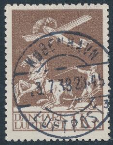 1929. Gl. Luftpost 1 kr. brun. Pragteksemplar annulleret med KØBENHAVN LUFTPOST 23.7.38. AFA 2200