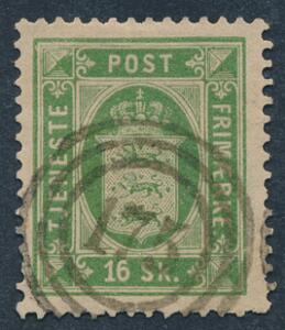 1871. 16 sk. grøn, tk. 14. Flot eksemplar annulleret med nr. stempel 175 SAMSØ. AFA 2200