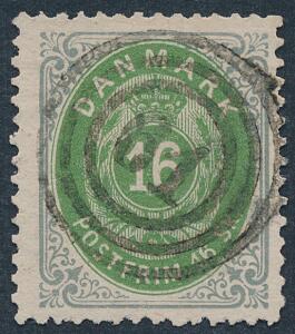 1870. 16 sk. grågrøn. Smukt eksemplar annulleret med nr. stempel 61 RØNNE