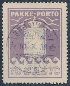 1937. AL, 70 øre, violet. Perfekt stålstempel GRØNLANDS STYRELSE 10.X.38 i blå farve. Sjældent mærke i LUX-kvalitet. AFA 5000