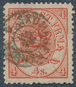 SKOMAGERKROEN. Stjernestempel på 4 sk. rød. Meget sjældent og undervurderet stempel. Attest Vagn Jensen