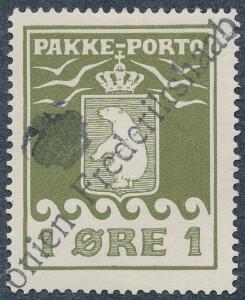 1915. 1 øre, oliven. Kronet liniestempel KOLONIEN FREDERIKSHAAB. LUX-kvalitet