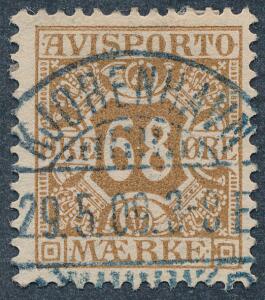 1907. 68 øre, brun. PRAGT-mærke med retvendt BLÅT stempel KJØBENHAVN 29.5.09.