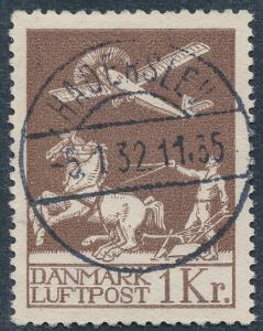 1929. Gl. Luftpost 1 kr. brun. LUX-stempel HADERSLEV 5.1.32