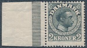 1913. Chr. X, 2 kr. Skifergrå. Postfrisk med venstre marginal. AFA 3200