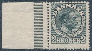 1913. Chr. X, 2 kr. Skifergrå. Postfrisk med venstre marginal. AFA 3200