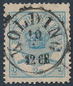 1864. 2 sk. blå. Antiquastempel KOLDING. LUX-kvalitet