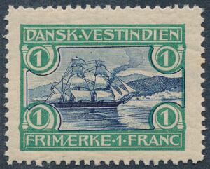 1905. St. Thomas Havn, 1 fr. grønblå. Variant Brud på nedre tekstramme under F. Postfrisk. AFA 900