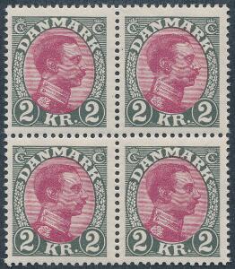 1925. Chr. X, 2 kr. grårødlilla. Perfekt postfrisk 4-blok. AFA 3600
