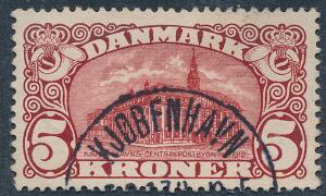 1912. 5 kr. Posthus, brunrød. Vm.III. LUX-stempel KJØBENHAVN