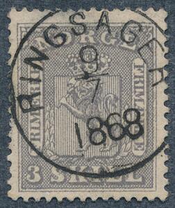 1863. Løve, 3 sk. lillagrå. Pragteksemplar stemplet RINGSAGER 8.7.2868. Tyndhed foroven