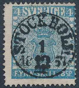 1855. 4 skill bco, blå. Retvendt PRAGT-stempel STOCKHOLM 1.10.1857.