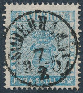1855. 4 skill bco, lyseblå. PRAGT-mærke med retvendt stempel.