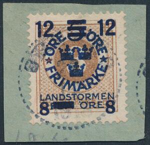 1918. Landstorm III. Variant 128 ISTEDET FOR 73 öre, på 53 öre, brun. På brevklip. Sjælden variant. Facit 5000