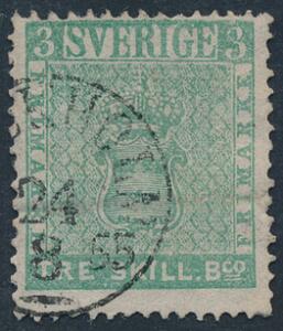 1855. 3 skill bco, grøn. Pænt udseende mærke med udbedre vandret fold og lille 1 mm rift i syd. Facit 42000