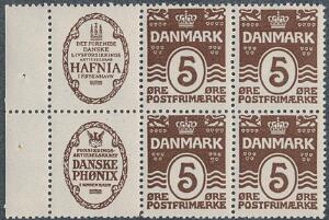 1928. Hafnia og Danske Phønix, 5 øre, brun. Postfrisk 6-blok. AFA 1400