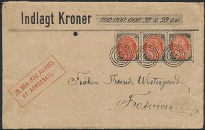 1875. Morsom, privatfremstillet efterligning af kuvert, med 3 stk. 50 Øre, Tofarvede